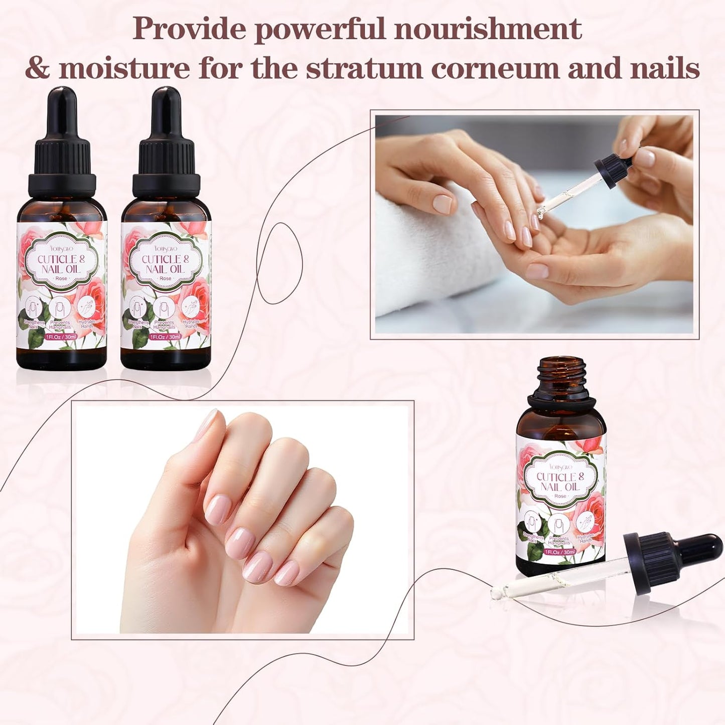 3 in 1 Cuticle Oil, 3 Pack Rose Nails Care Oil to Strengthen Brittle Nails, Hydrate Dry Cuticles & Soften Hands, Fast-Absorbing