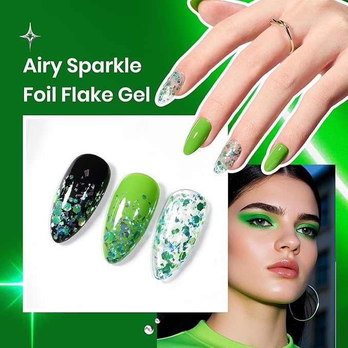 Beetles Neon Green Gel Nail Polish Set, Halloween Black Glitter Silver Brat Tribe Gel Polish with Rhinestones Soak off Uv Lamp Nail Festival Manicure Gift for Women