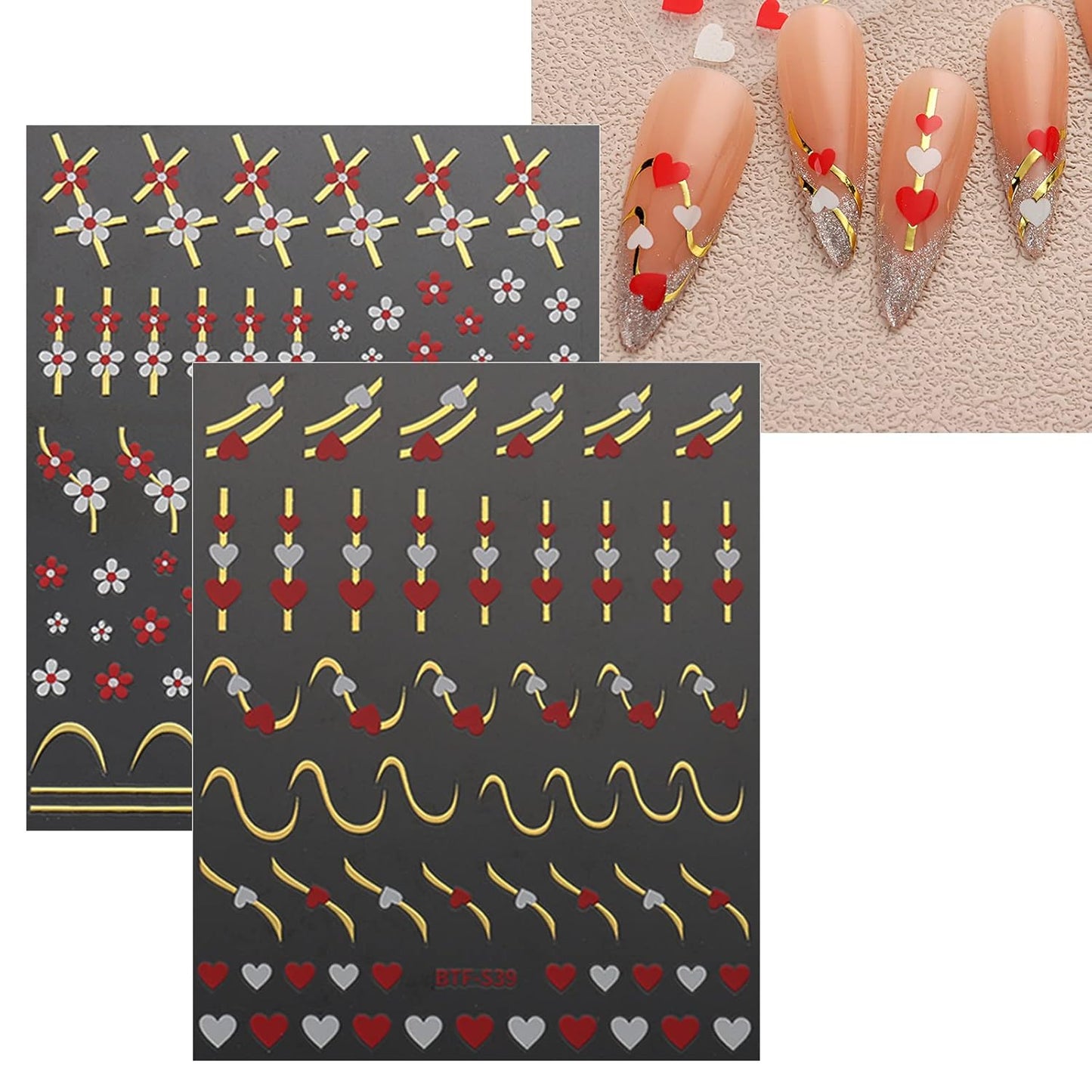 JMEOWIO 9 Sheets Heart Line Flower Nail Art Stickers Decals Self-Adhesive Pegatinas Uñas Colorful Nail Supplies Nail Art Design Decoration Accessories