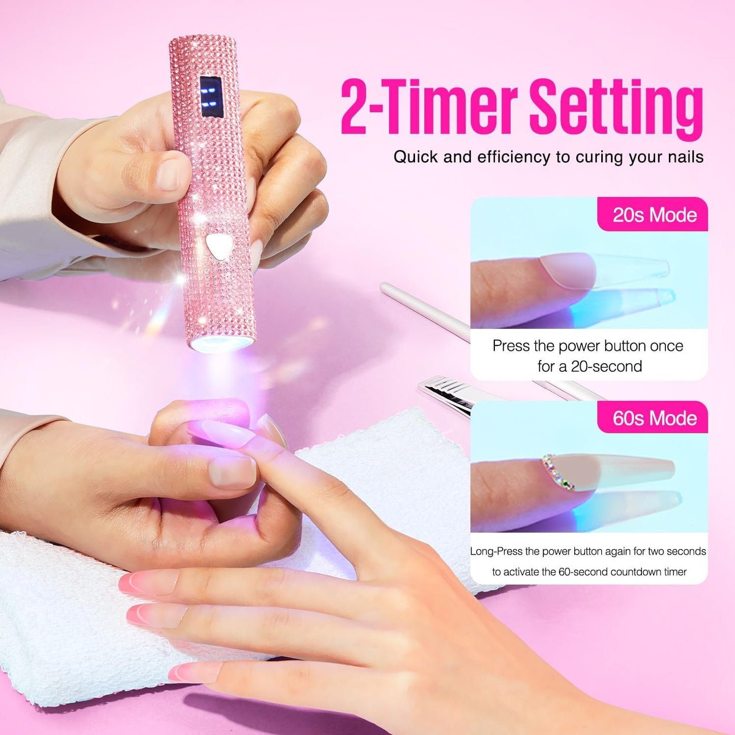 MEFA UV Light for Gel Nails, Pink Glitter Handheld Nail Lamp Visible LED Timer Touch Screen, Cordless Nail Light for Gel Nail Polish Stickers Strips, Gifts for Women