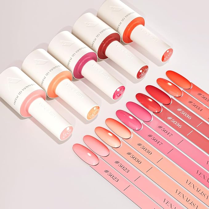 VENALISA 10 ML Pink Gel Nail Polish Set with DIY Nail tips Kit, 5 Pcs Pink Red Orange Gel Polish Color High Gloss Soak Off U V Nail Manicure Salon DIY