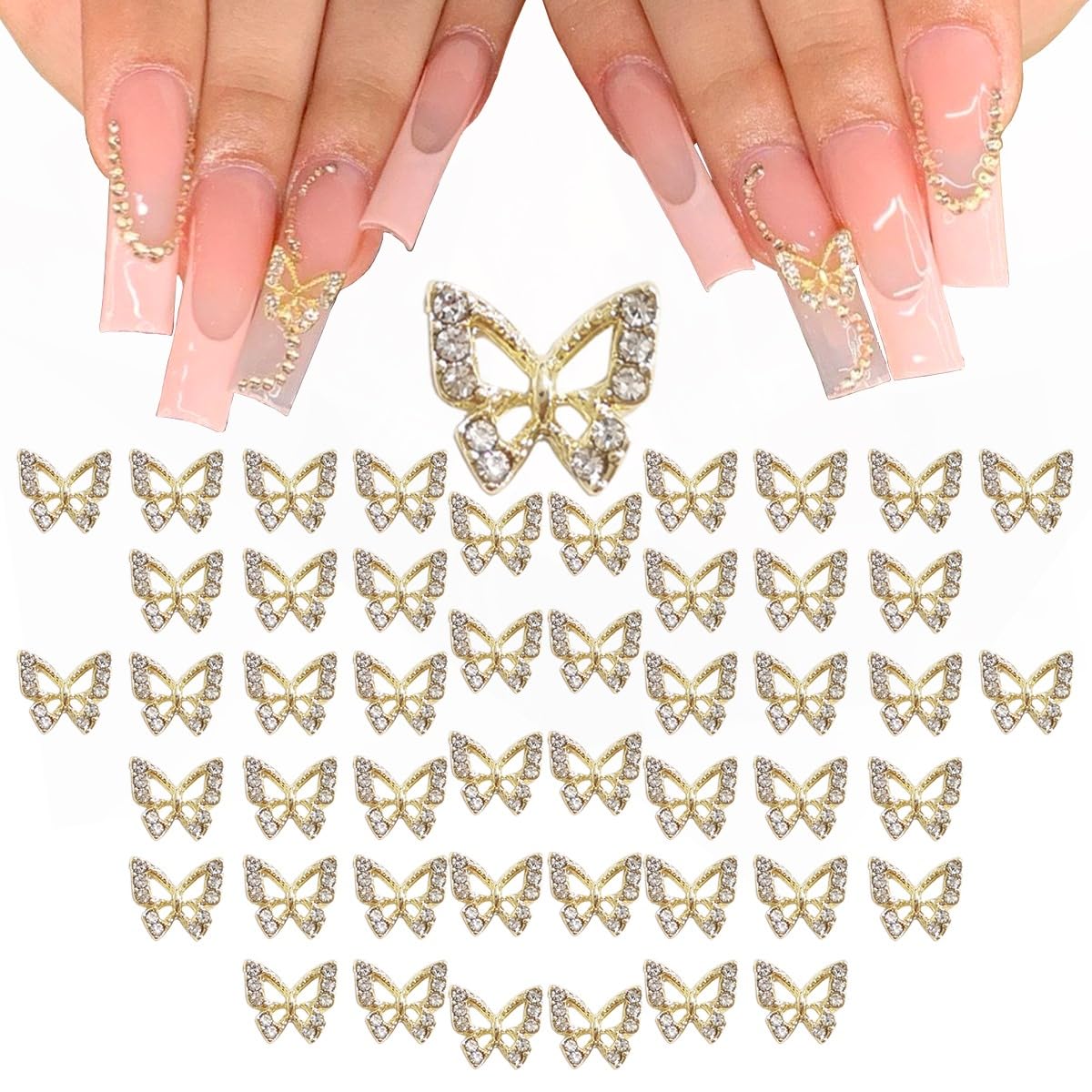 Golden Butterfly Nail Charms Bulk 48pcs 3D Gold Butterflies Charms for Acrylic Nails, Nail Rhinestones Charms Alloy Studs Nail Art Jewels Diamonds Gems Decor Supplies for Nails Face Makeup DIY