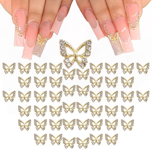 Golden Butterfly Nail Charms Bulk 48pcs 3D Gold Butterflies Charms for Acrylic Nails, Nail Rhinestones Charms Alloy Studs Nail Art Jewels Diamonds Gems Decor Supplies for Nails Face Makeup DIY