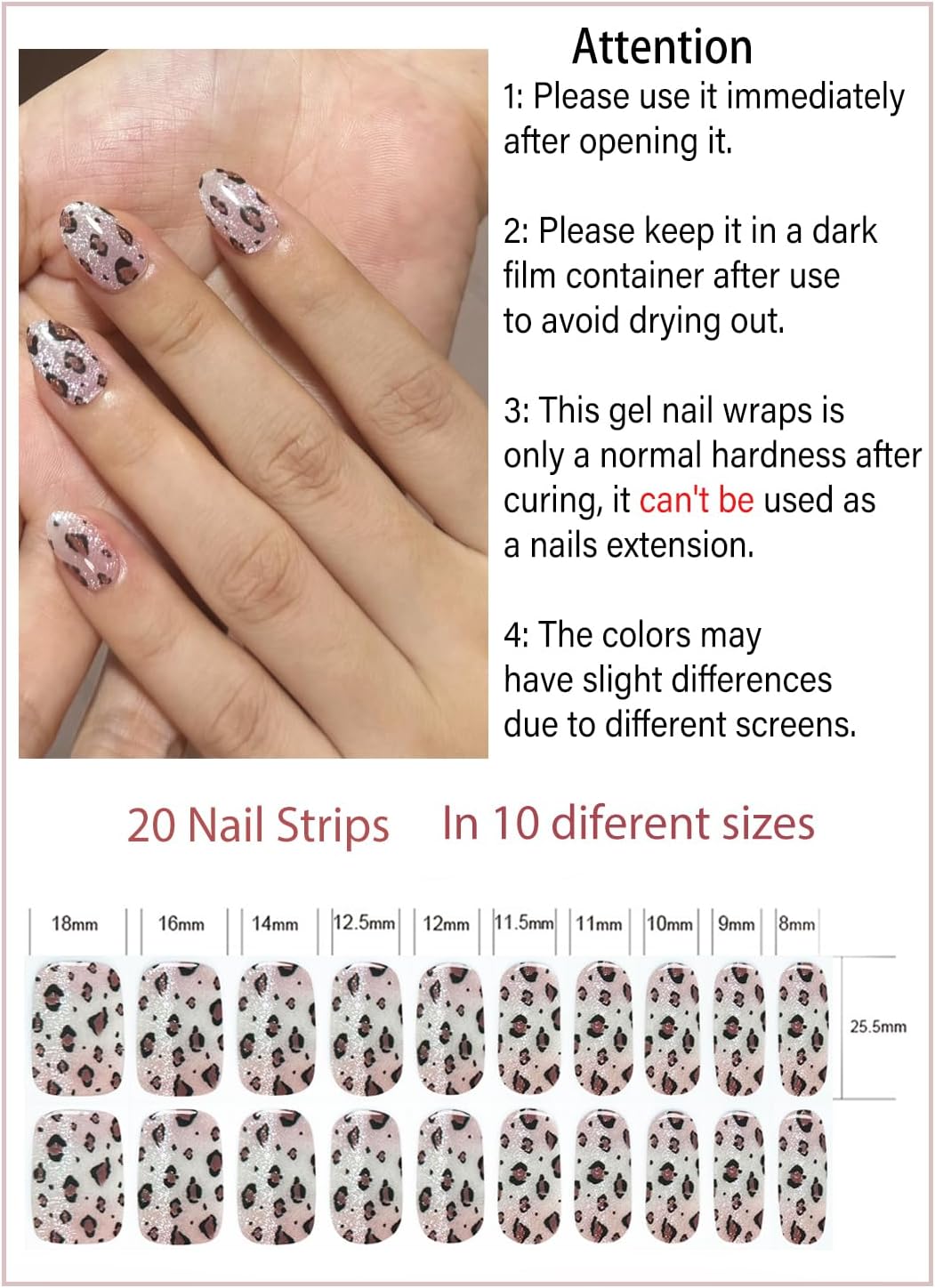 Semi Cured Gel Nail Strips, Leopard Cat Eye 20pcs Adhesive UV Sticker, Wraps for Home Manicure DIY
