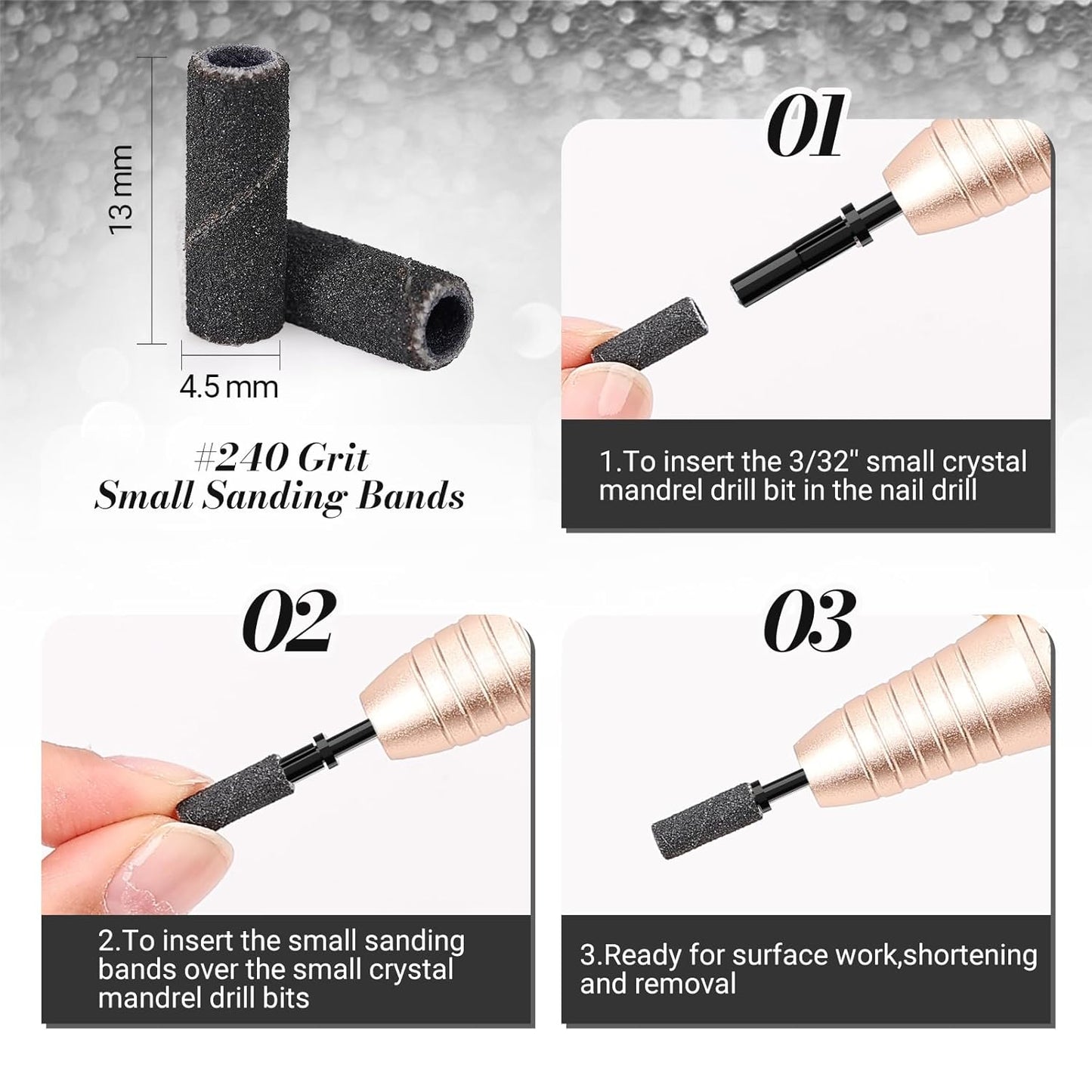 MelodySusie 50 Pcs Nail Drill Bits Small Sanding Bands with 3.1mm Mandrel Bit, 240 Extreme Fine Grit Nail File for Acrylic Nails Gel Manicures and Pedicure, Black