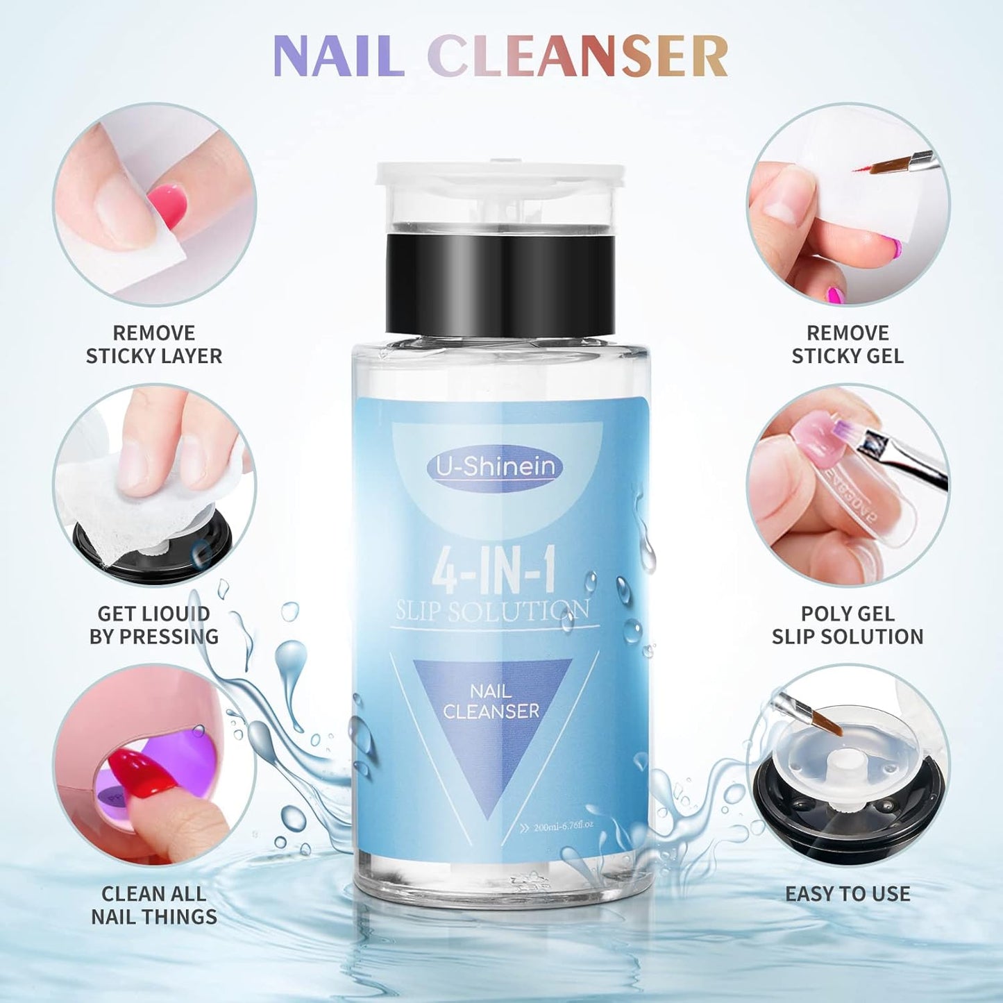 200ml Nail Slip Solution, 4-in-1 Poly Nail Gel Slip Solution Poly Nail Extension Gel Liquid Slip Solution Builder Gel, Nail Cleaner Liquid Nail Polish Remover with Nail Brush Nail Art