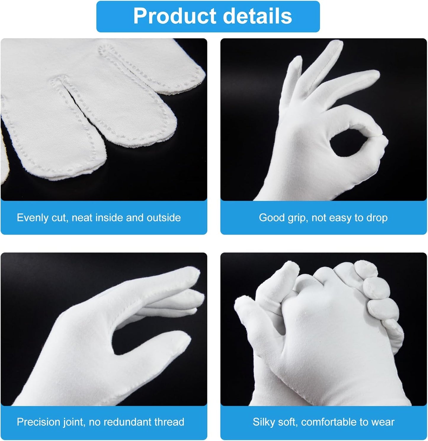 White Gloves, 6 Pairs(12 Pcs) Thinck Cotton Gloves for Dry Hands Sleeping, Moisturizing Gloves Spa Eczema Overnight, Work Gloves for Coin Jewelry Service