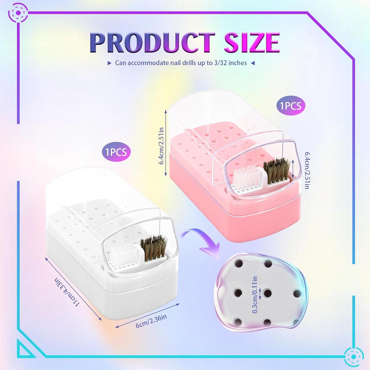 2 Pcs 2 In 1 Nail Drill Bit Holder, 30 Holes Case Tech Bits Cleaning Brush Organizer Professional Nail Tools Dustproof Stand Displayer Storage Box (Pink+White)