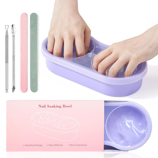 Quaferen Dual Nail Soaking Bowl: 2-in-1 Nail Polish Remover Manicure Bowl with Cuticle Tools for Women, Time-Saving Soak Off Acrylic Nail Removal Kit for Salon Home (Normal Size, Purple)