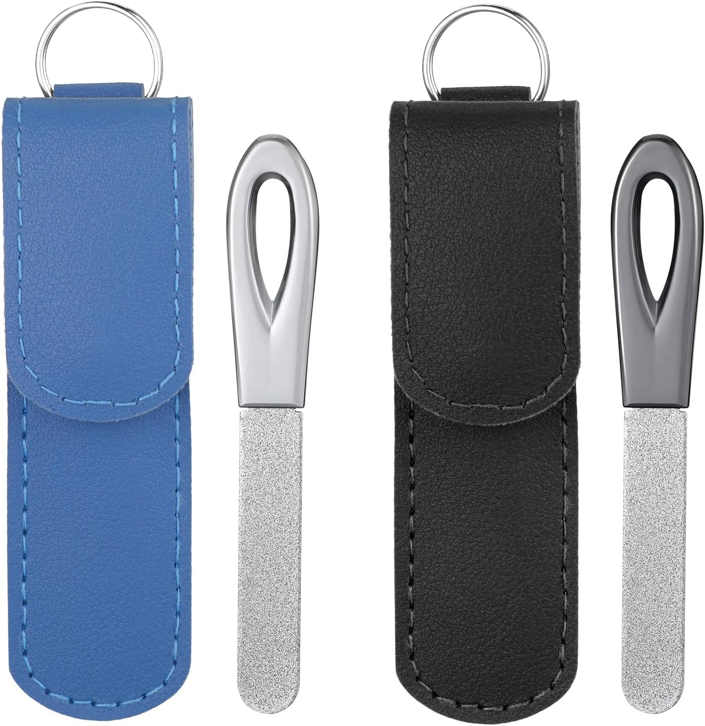 2 Pack Metal Nail File with Case, 3.6 in Travel Keychain Nail File for Natural Nails, Metal Diamond Double Sided Grit Nail Toenail Files with Leather Cases for Women Men