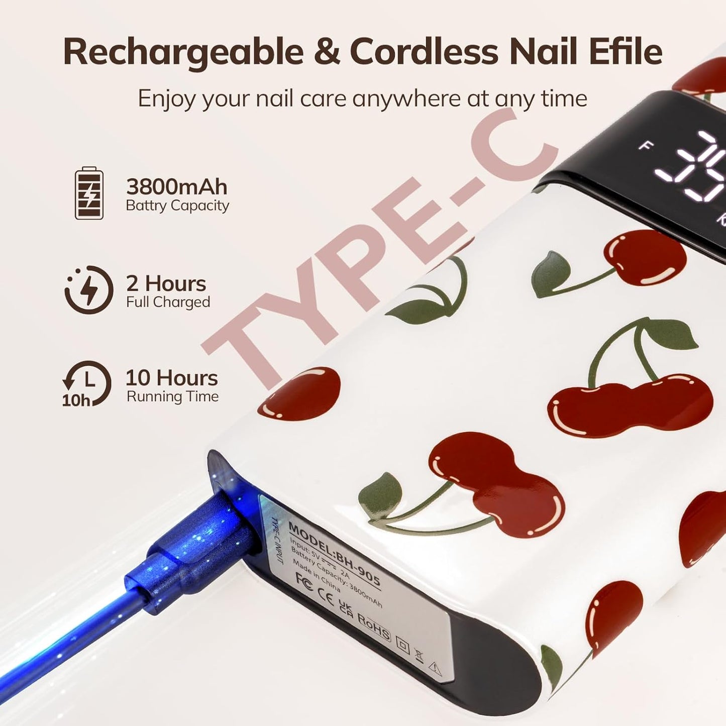 Lavinda 35000RPM Electric Nail Drill, Cordless Nail Drill Machine Portable Rechargeable Nail Efile for Acrylic Gel Nails, Manicure Pedicure Polishing Shaping Tool for Salon Home Use-Cherry Print