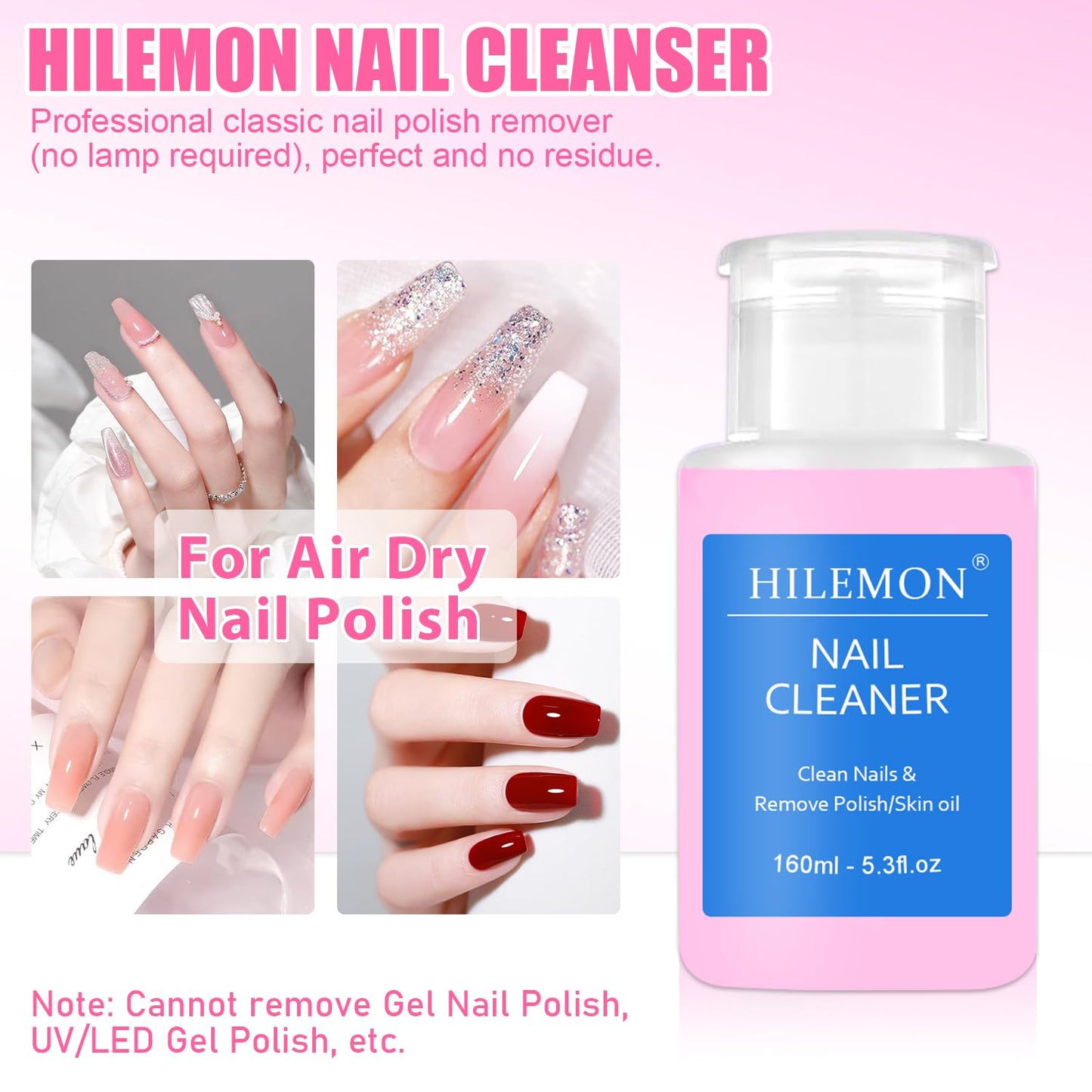 Push-On Nail Polish Remover, Multi-Purpose Nail Cleanser, Pump Bottle Design, Low Odor, Eco-Friendly Formula, Effortless 30-Second Removal for Regular Polish 160ml (Surface Cleanser)