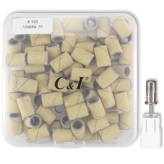 C & I Nail Sanding Bands 100 PCS Plus Upgrade Mandrel 1 PC, Nail Drill Bits for Acrylic Gel Nails Remove, Natural Nails Buffer for Nail Prep and Nail Shiner (Yellow, #150 Middle)