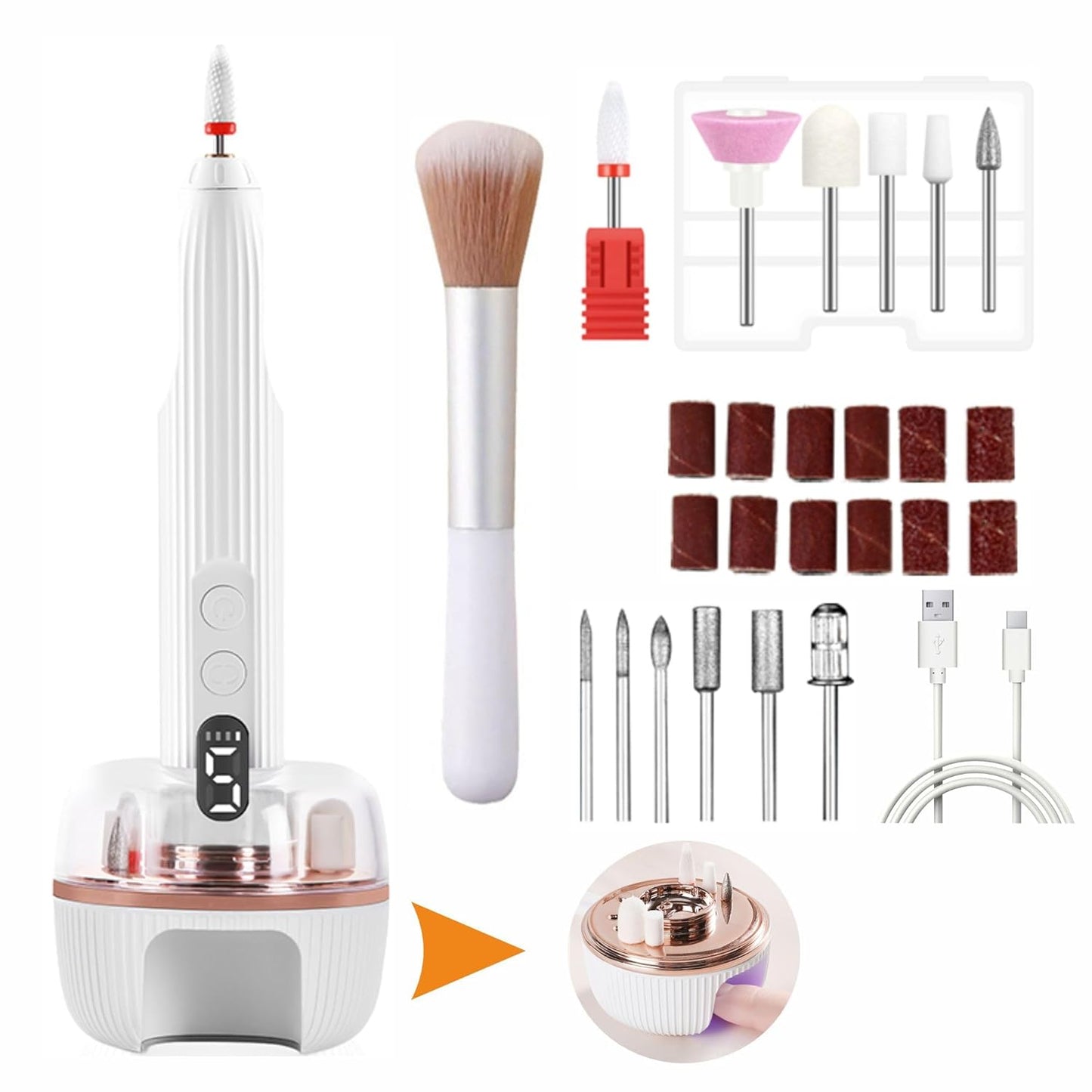 Electric Nail Drill File Professional - Cordless Nail Drill Filer Machine for Acrylic Nails Polishing, U V Lamp,Charging Base,5 Speed,Nail Grinder, Manicure Pedicure Kit for Salon Home