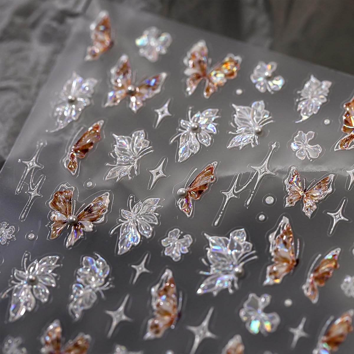 Butterfly Nail Stickers for Nail Art 5D Embossed Pearl Rhinestone Butterfly Nail Art Decals Laser Butterfly Flower Starlight Nail Designs Self Adhesive Nail Art Supplies for Women Nail Art Decoration