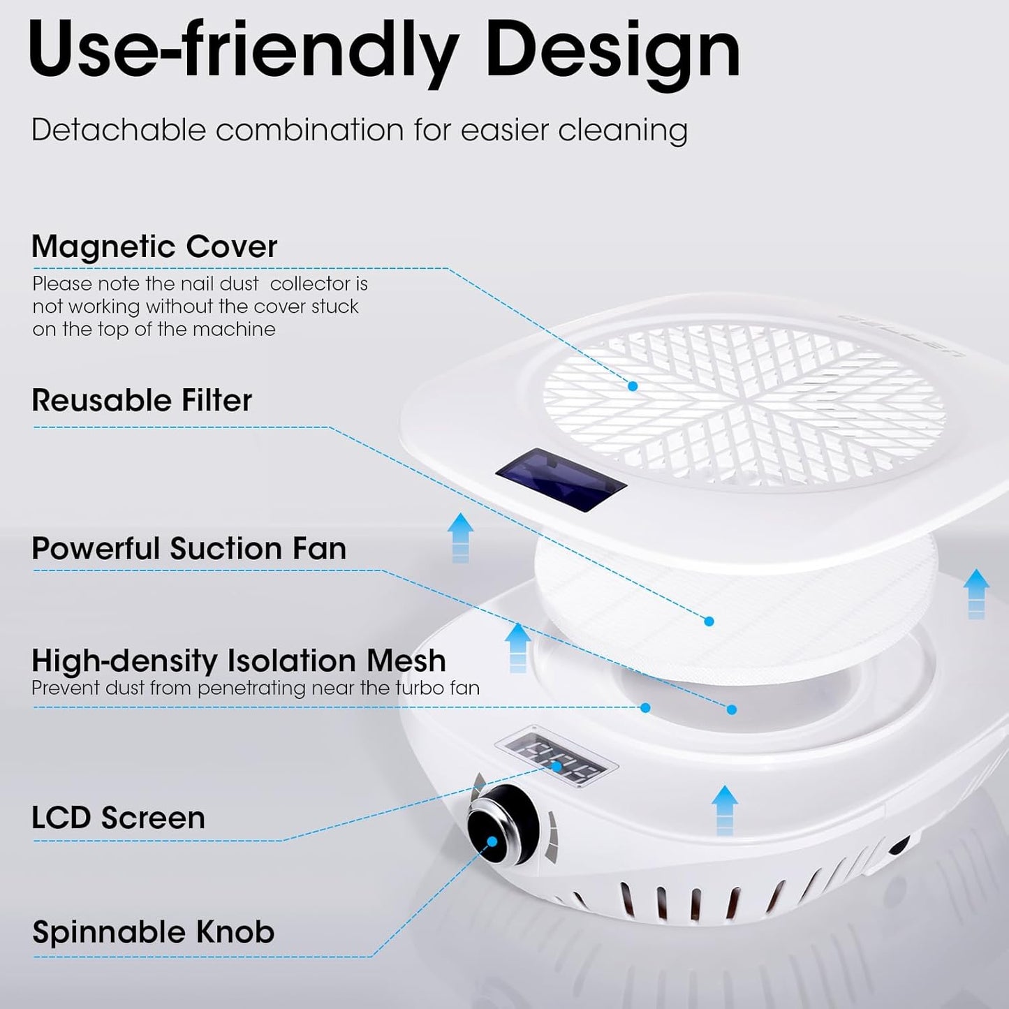 Gellen Nail Dust Collector with LED Display, 4000RPM Powerful Suction Vacuum Fan with Reusable Filter, Soft Ergonomic Shell Nail Vacuum Cleaner for Acrylic Nail Tech, Home & Salon