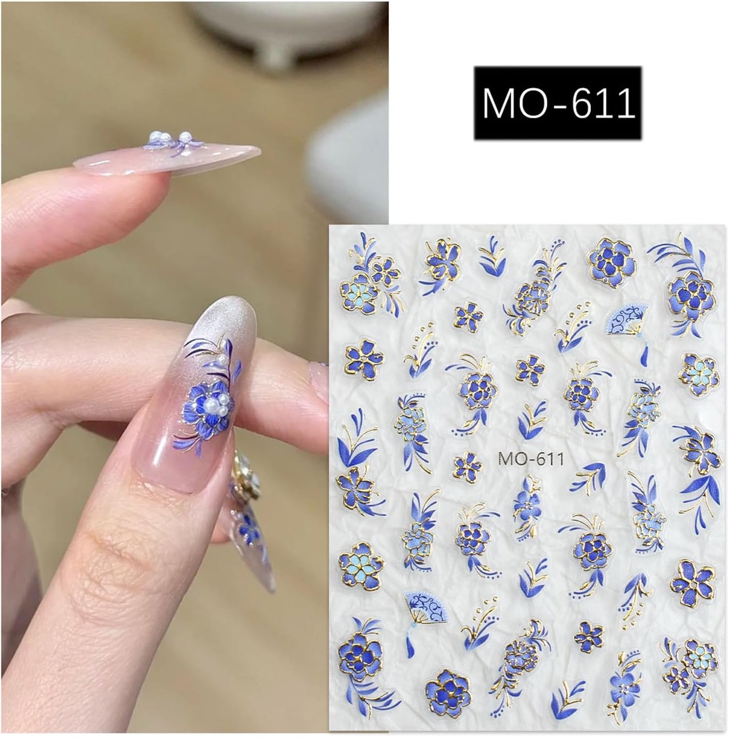 3 Sheet Flower Nail Art Stickers Decals 5D Embossed Self- Adhesive Blue Red Flowers Nail Stickers Gold Floral Nail Decals Supplies for Women DIY Manicure Accessories