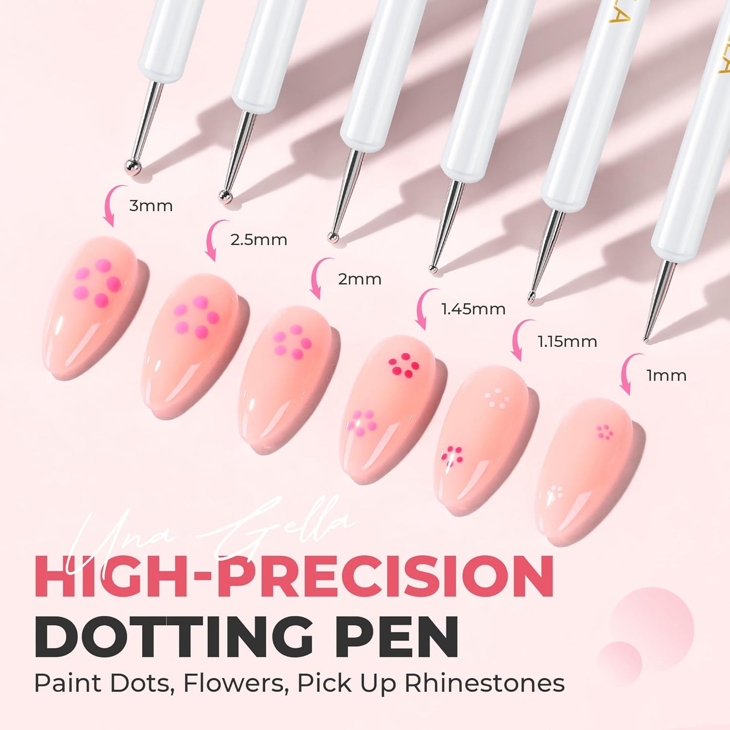 UNA GELLA Nail Art Brushes Set 6PCS White Color Nail Design Painting Brush Set Nail Dotting Tools Double-headed Nail Art Builder Gel Polish Liner Brushes for DIY Nail Drawing Supplies