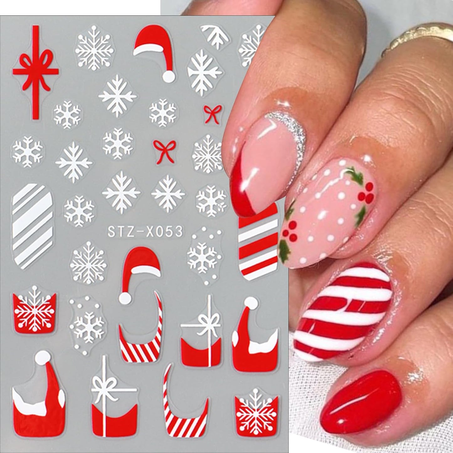 6 Sheets Christmas Hat French Nail Art Stickers 3D Christmas Snowflake Gift Bow Nail Decals Self-Adhesive Glitter Stripe Nail Stickers Winter Xmas Nail Design for Women Girls Manicure Decoration