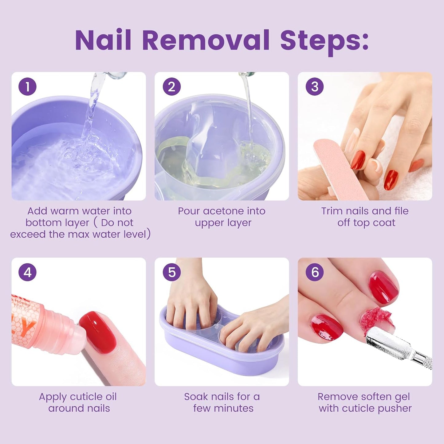 Quaferen Dual Nail Soaking Bowl: 2-in-1 Nail Polish Remover Manicure Bowl with Cuticle Tools for Women, Time-Saving Soak Off Acrylic Nail Removal Kit for Salon Home (Normal Size, Purple)