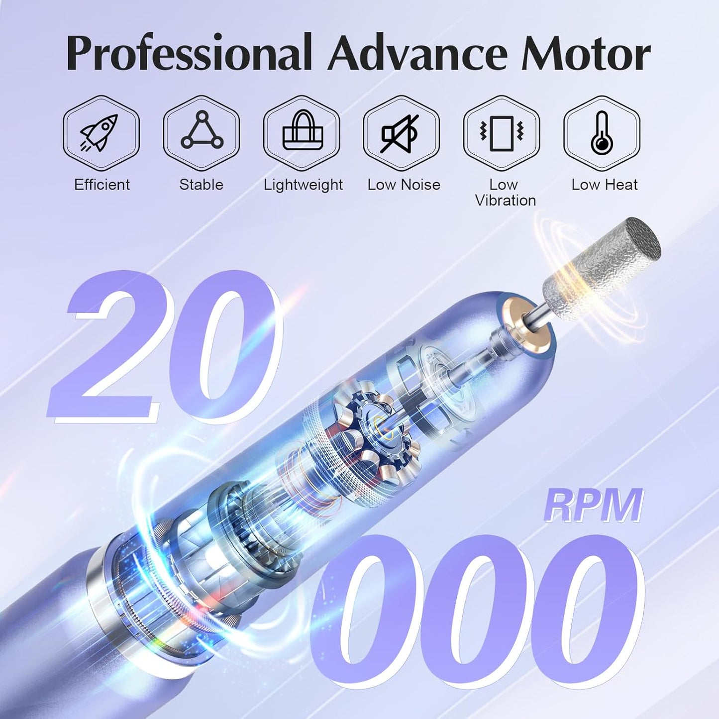 JIASHENG USB Electric Nail Drill, Portable Electric Nail File for Acrylic Gel Nails, Professional Drill Nail Kit Manicure and Pedicure Kit with Drill Bits for Home and Salon Use, Lilac