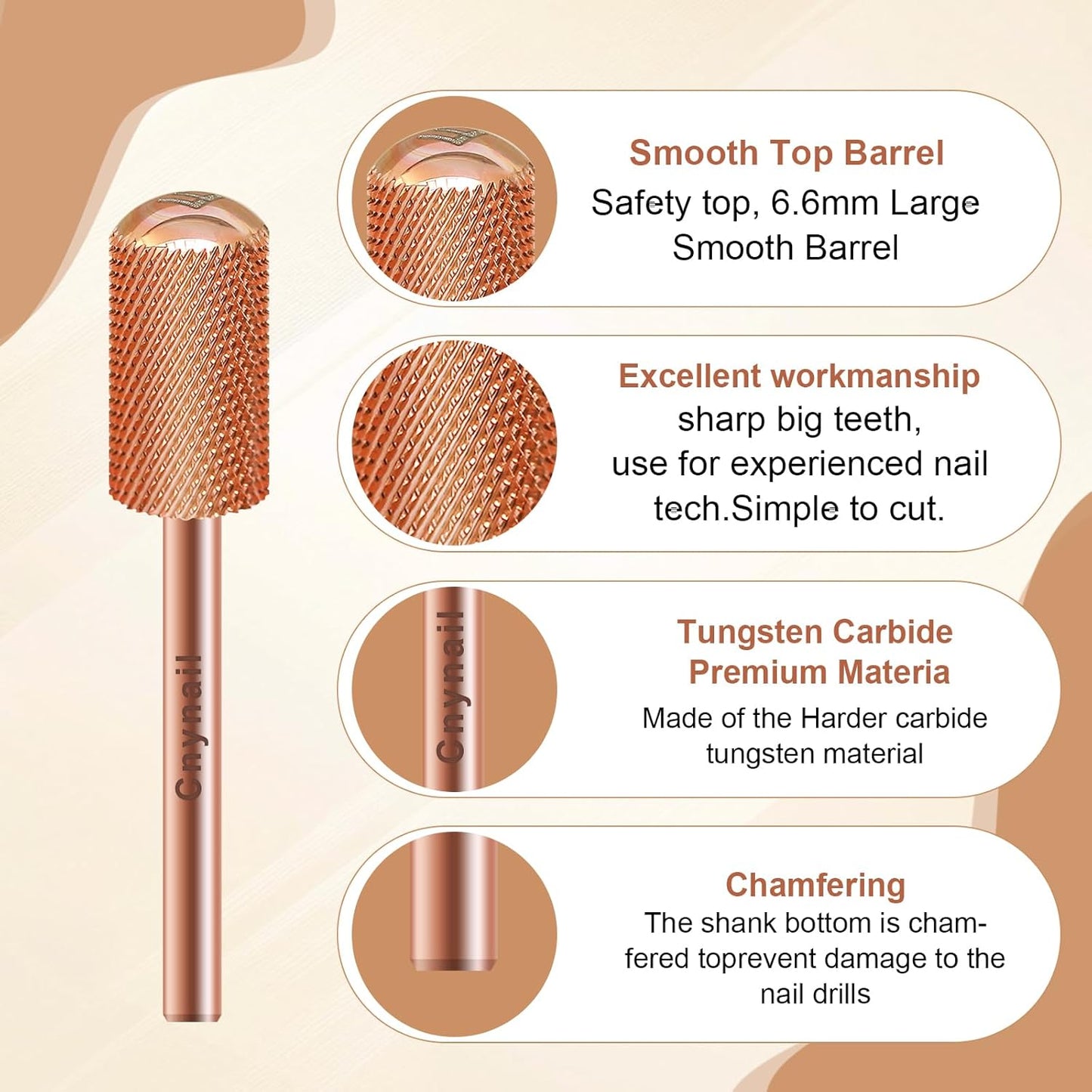 3/32" Large Barrel Smooth Round Top Tungsten Carbide Nail Drill Bit Safety Bit for Gel & Acrylic Removal, 2-Way Rotating Efile Tip, Salon Electric File Accessory (F Grit, Rose Gold)