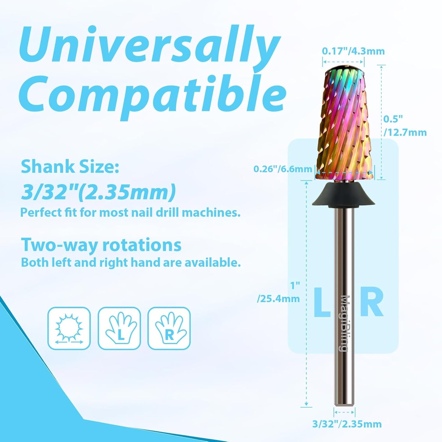 Round Top Nail Drill Bits, Cross Cut Tapered 3/32'' Safety Tungsten Carbide Professional Bit, Remove Gel Fast, Left Right Hand Use, Acrylic Nail Polish, Technicians Bits, Extra Coarse.