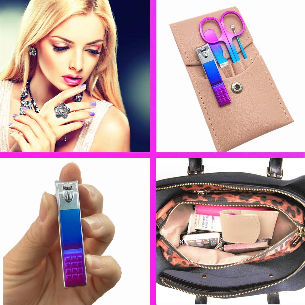Manicure Set, Professional Women Nail Clippers Kit 4PCS， Stainless Steel Nail Cutter Care Tools Professional Grooming Kits, PU Leather Travel Case （Colorful）
