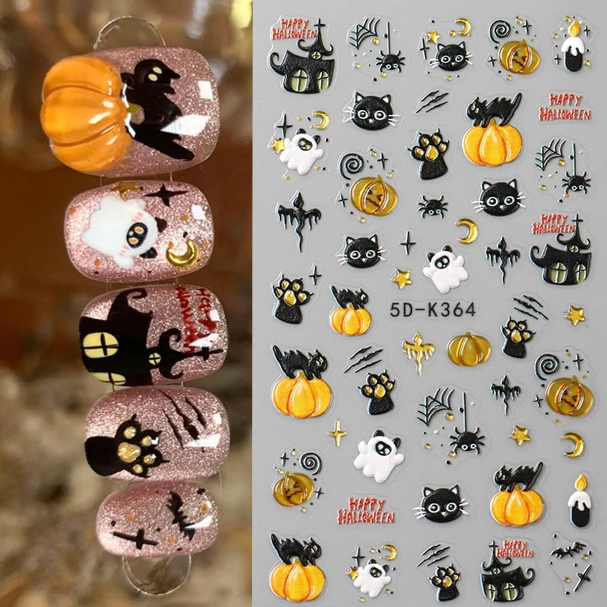Halloween Nail Art Stickers Decals Cute Ghost Black Cat Nail Decals 2PCS 5D Embossed Gold Pumpkin Spider Web Castle Cat Paw Self-Adhesive Design Halloween Nail Stickers for Women Manicure Decorations
