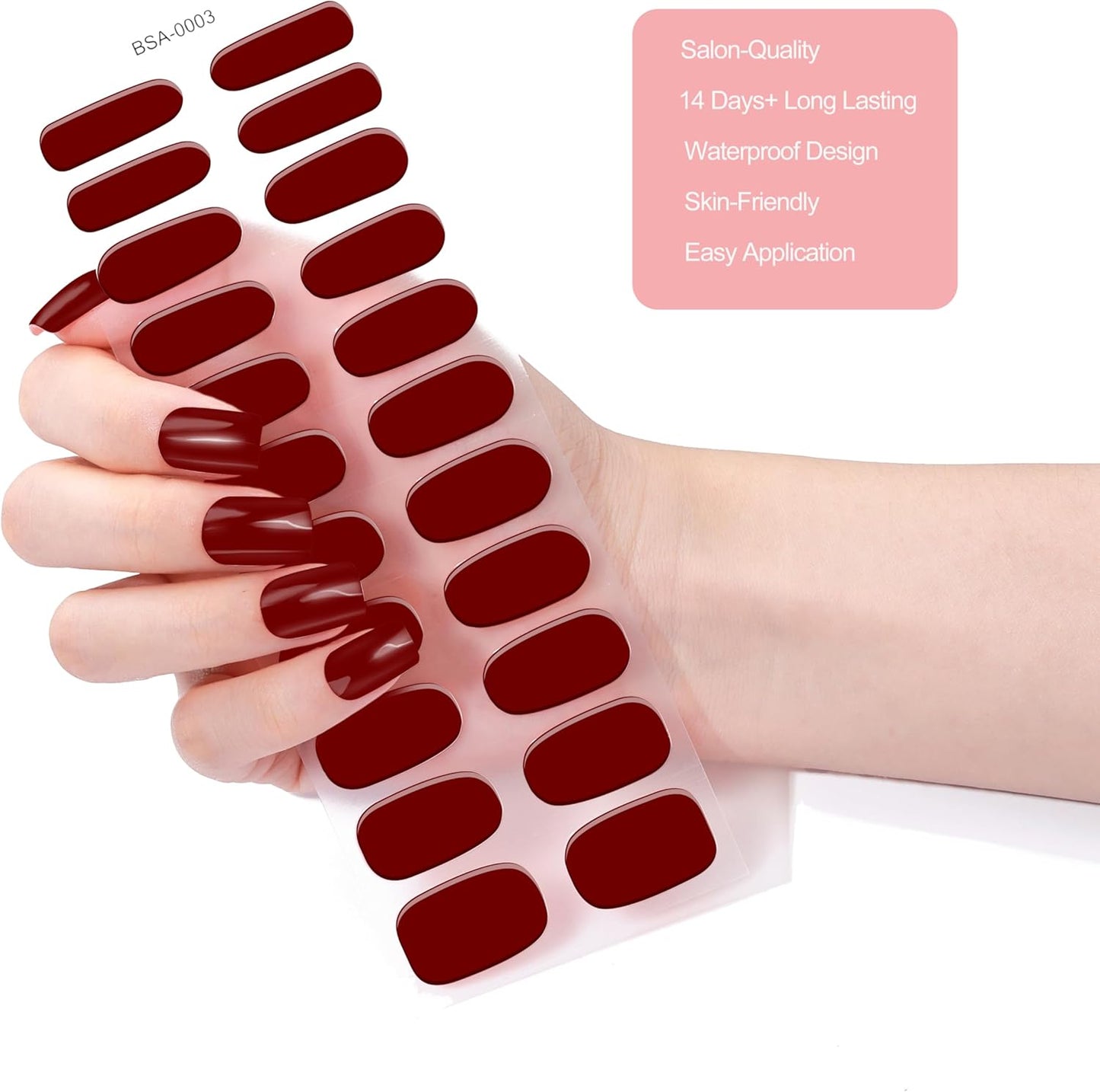 No Lamp Gel Nail Strips 44 Pcs Wraps - Burgundy+Silver, Easy Apply Gel Nail Stickers Long Lasting, Salon-Quality, 4 Prep Pads, 2 File, 2 Wooden Stick