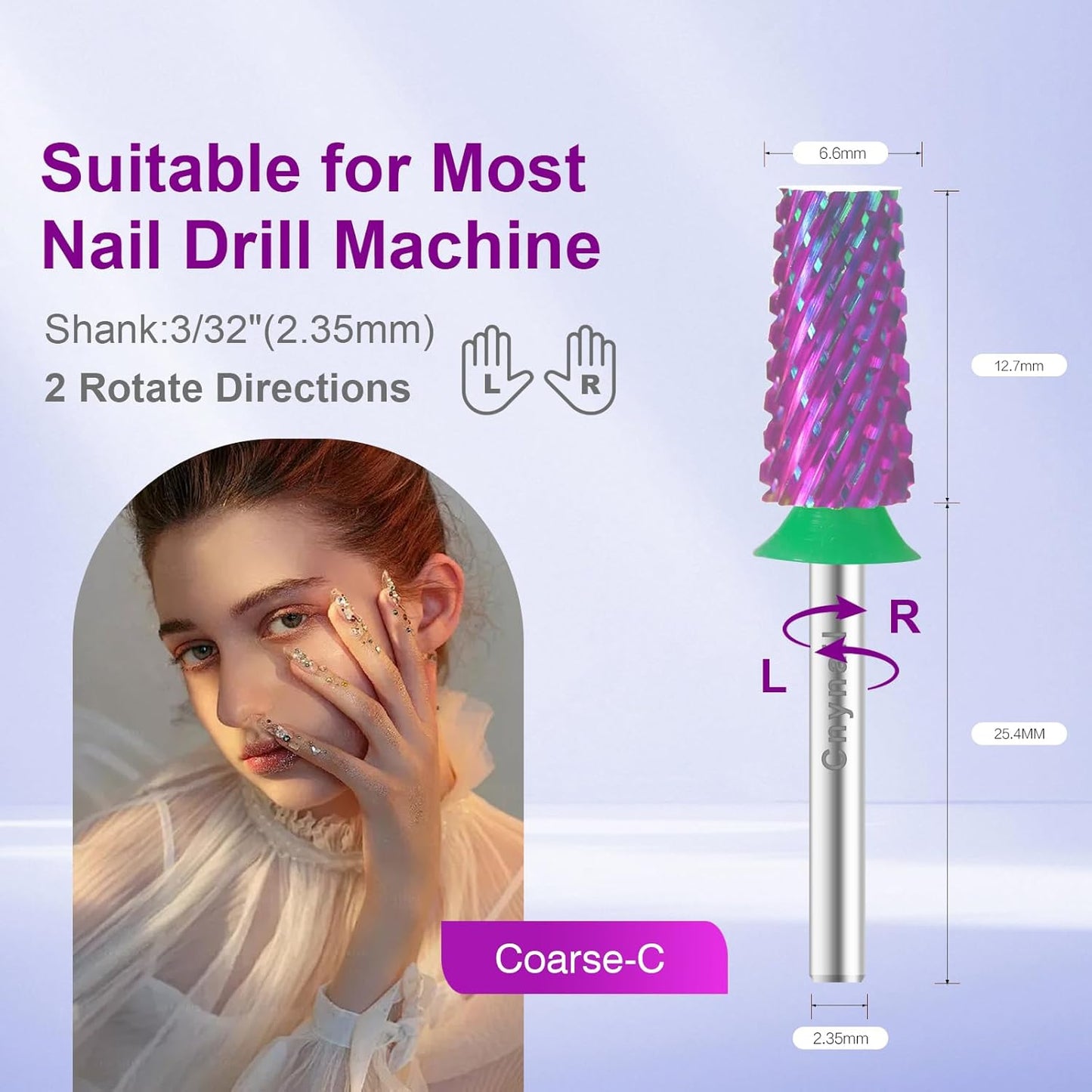 Cnynail 3/32" Large Tapered Barrel Flat Bit Tungsten Carbide Nail Drill Bit Safety Bit for Gel & Acrylic Removal, 2- Way Rotating Efile Tip, Salon Electric File Accessory (C Girt, Purple)