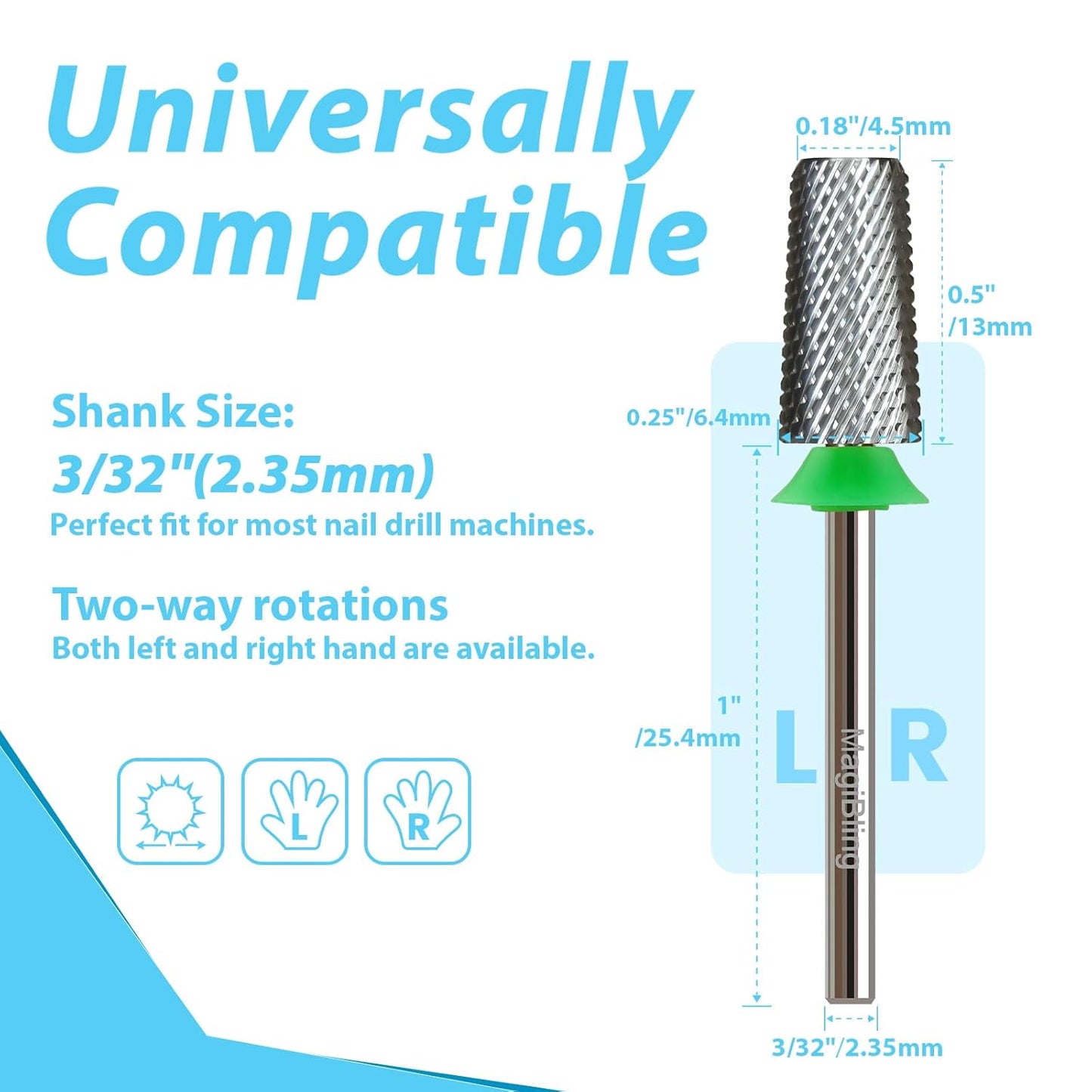 Professional Nail Drill Bits, Tungsten Carbide Cross Cut Tapered Barrel 3/32'' Safety Bits, Left and Right Hand Use, Remove Gel Fast, Manicure Pedicure Cuticle Gel Polishing, Coarse.