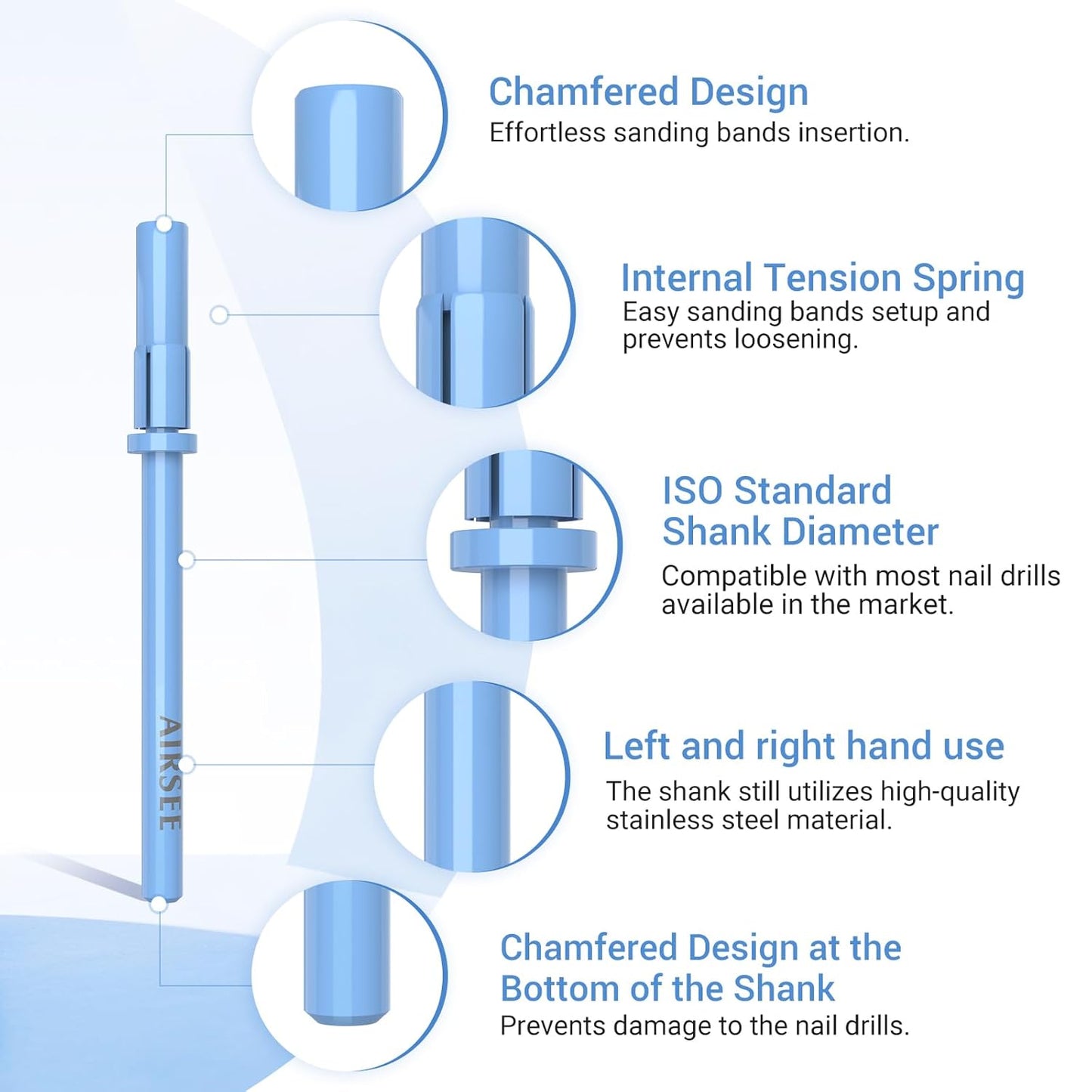 AIRSEE 3.1mm Small Nail Drill Mandrel Bits for Mini Efile Sanding Bands, Stainless Steel Professional Electric Head Clean Remove Cuticle Removing, Acrylic Manicure Sander Safety (Tranquil Blue)