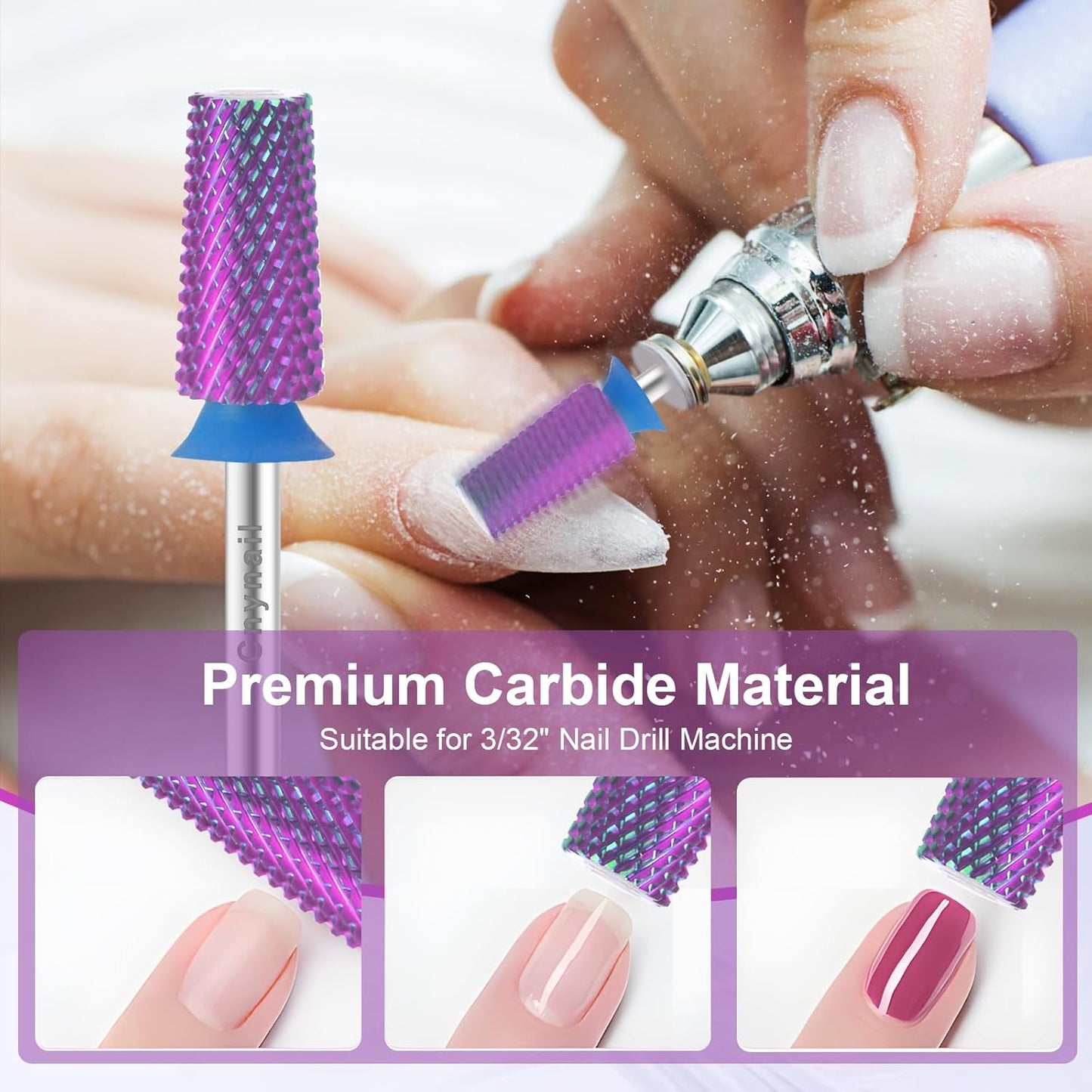 Cnynail 3/32" Large Tapered Barrel Flat Bit Tungsten Carbide Nail Drill Bit Safety Bit for Gel & Acrylic Removal, 2- Way Rotating Efile Tip, Salon Electric File Accessory (M Girt, Purple)