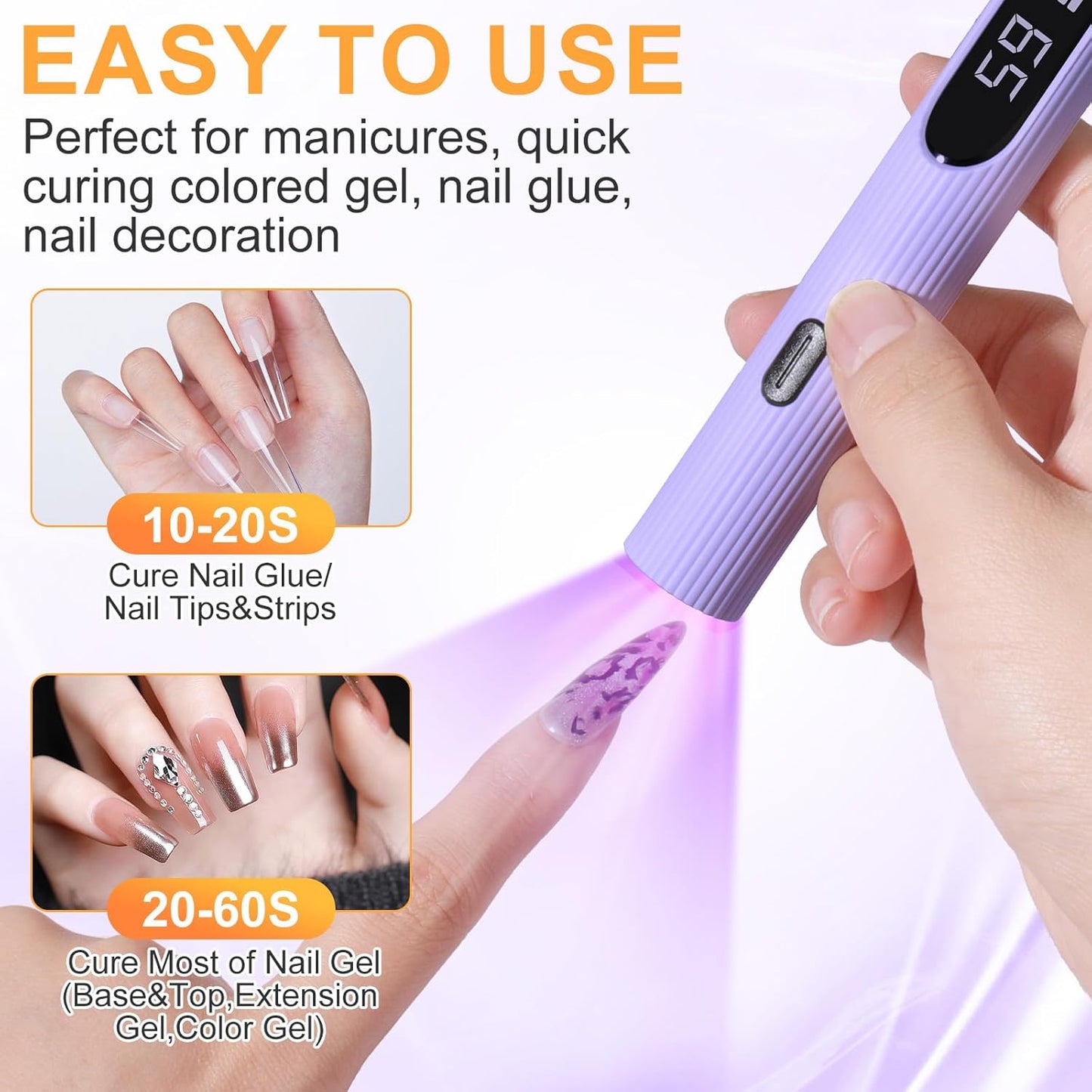 Handheld UV Light for Gel Nails, Purple Gel Light for Nails Cordless Nail Lamp Rechargeable with Led Display Lamp for Rhinestone Glue Decoration DIY at Home