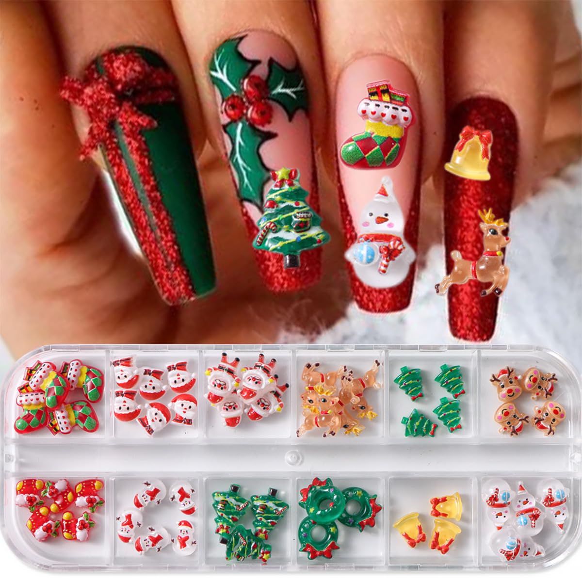 50pcs Christmas Nail Charms: 3D Mix Colorful Reindeer, Snowman, Santa Claus, Bell Nail Rhinestones for Women Xmas DIY