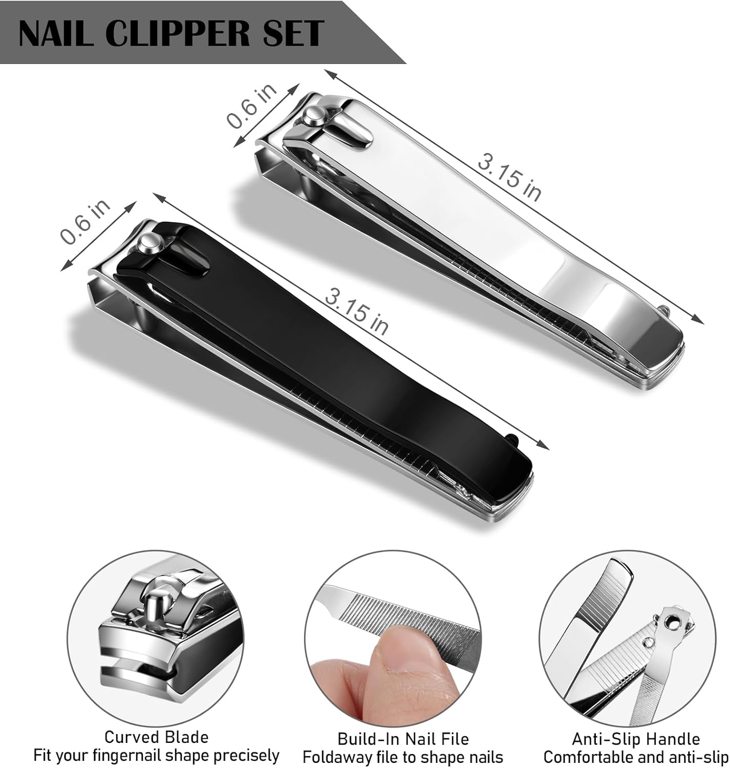 Large Nail Clippers 2-Pack, Sharp Stainless Steel Fingernail & Toenail Trimmers with Nail File, Manicure Kit Fingernail Tools for Men & Women, Black and Silver Color