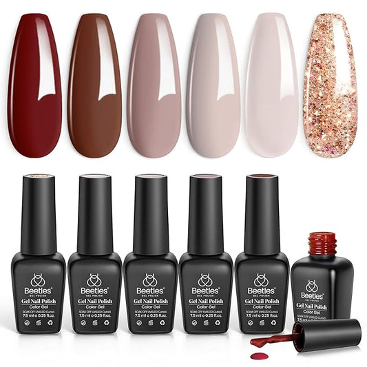 Beetles Fall Gel Nail Polish - 6 Colors Burgundy Brown Neutral Grey Plum Gel Polish Set, Soak Off UV LED Nail Colors for Fall and Winter Manicure