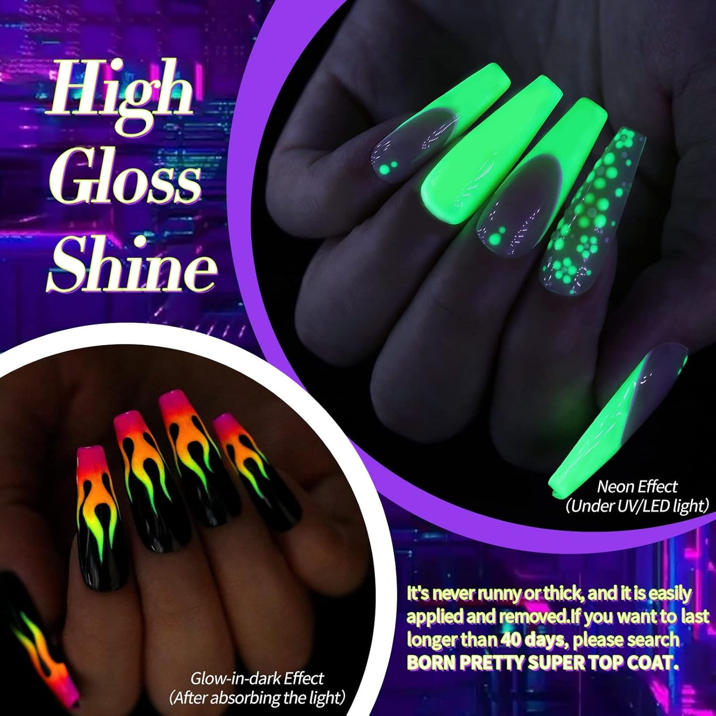 Born Pretty Neon Gel Nail Polish Set 6 Colors Halloween Luminous Glow in Dark Gel Polish Fluorescent Orange Hot Pink Blue Yellow Green Purple Gel Nail Polish Set 7ML