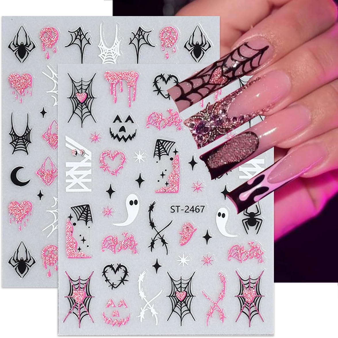6 Sheets Pink Glitter Halloween Nail Stickers for Nail Art 3D Self-Adhesive Spider Web Nail Stickers with Ghost Bat Blood Drop Skull Cute Halloween Designs Goth Nail Decals for Women Acrylic Nails
