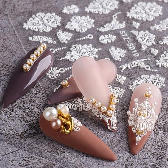 French Nail Art Sticker Decals 5D Embossed French Pattern Roses White Nail Art Accessories Self-Adhesive Nail Art Supplies Decoration Retro Classic Acrylic Nails Design, 8 Sheets