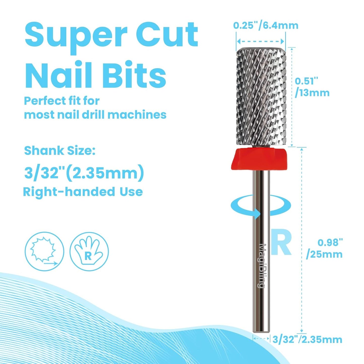 Super Cut Large Barrel Nail Drill Bits for Professional Users, 3/32'' Tungsten Carbide Bits, Upward Deep Cut for Removing Hard Gel Fast, Right Hand Use, Manicure Cuticle Gel Polishing, Fine.