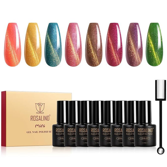 ROSALIND Gold Glitter Cat Eye Gel Nail Polish, 8 Color Magnetic Cateye Gel Polish with Magnet Stick Sparkling Gold Blue Green Professional Soak Off UV Gels