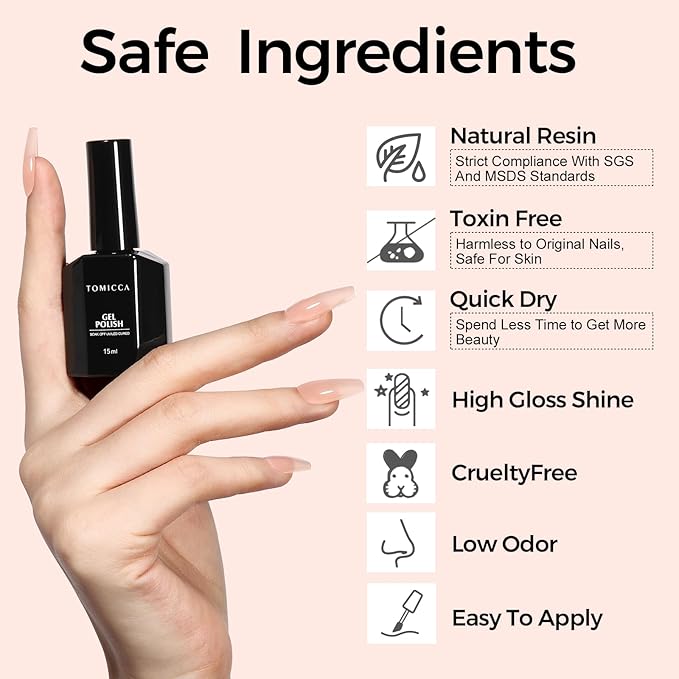 TOMICCA Nude Gel Nail Polish, 15ml Jelly Gel Polish, Translucent Quick Dry, Soak Off UV Neutral Light Gel Polish Colors Long Lasting Nail Art Manicure