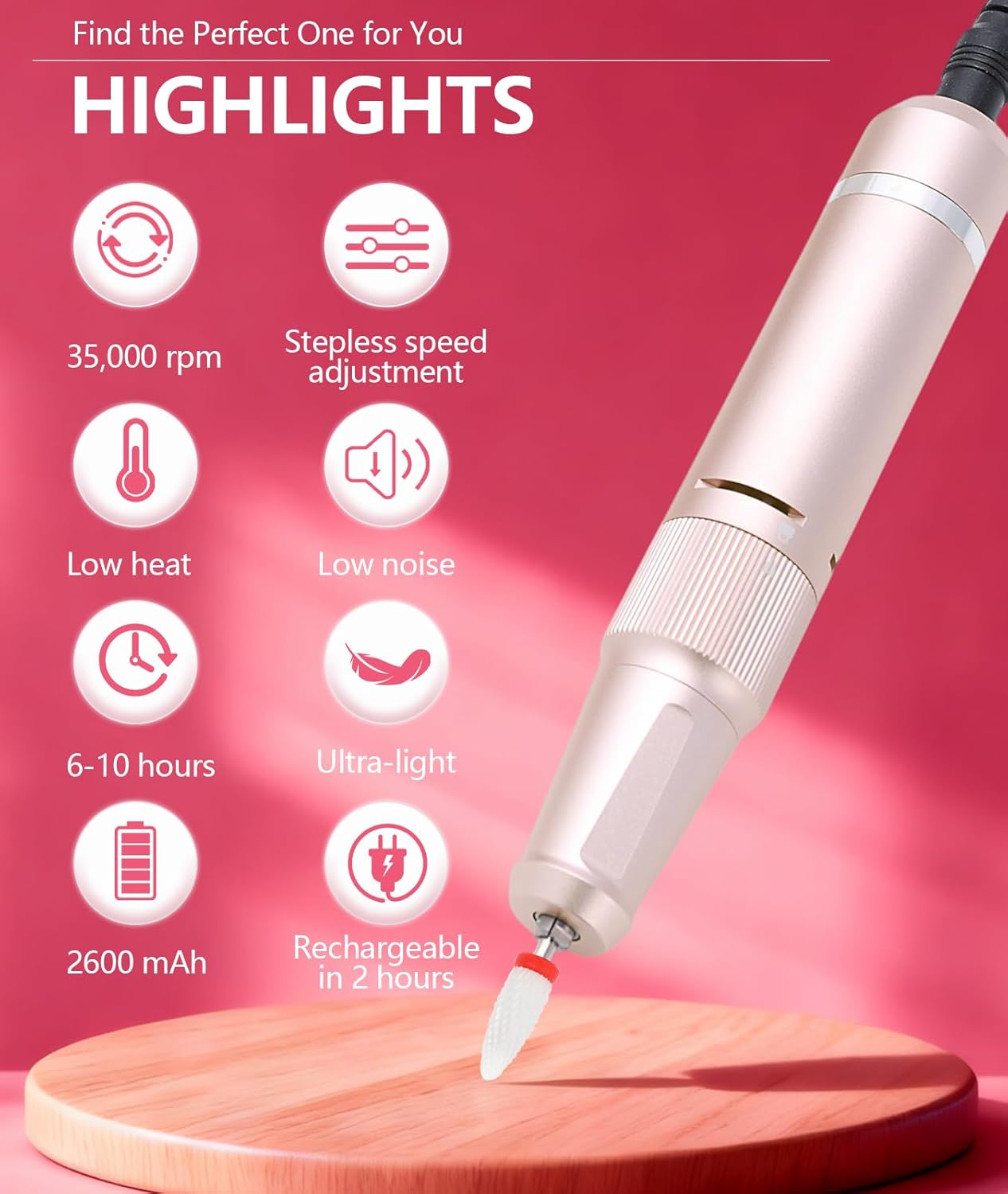 Professional Portable Nail Drill Machine, 35000 RPM Electric Nail File with LCD Display, Reversible Cordless Nail Grinder for Manicure & Pedicure, Type-C Fast Charging