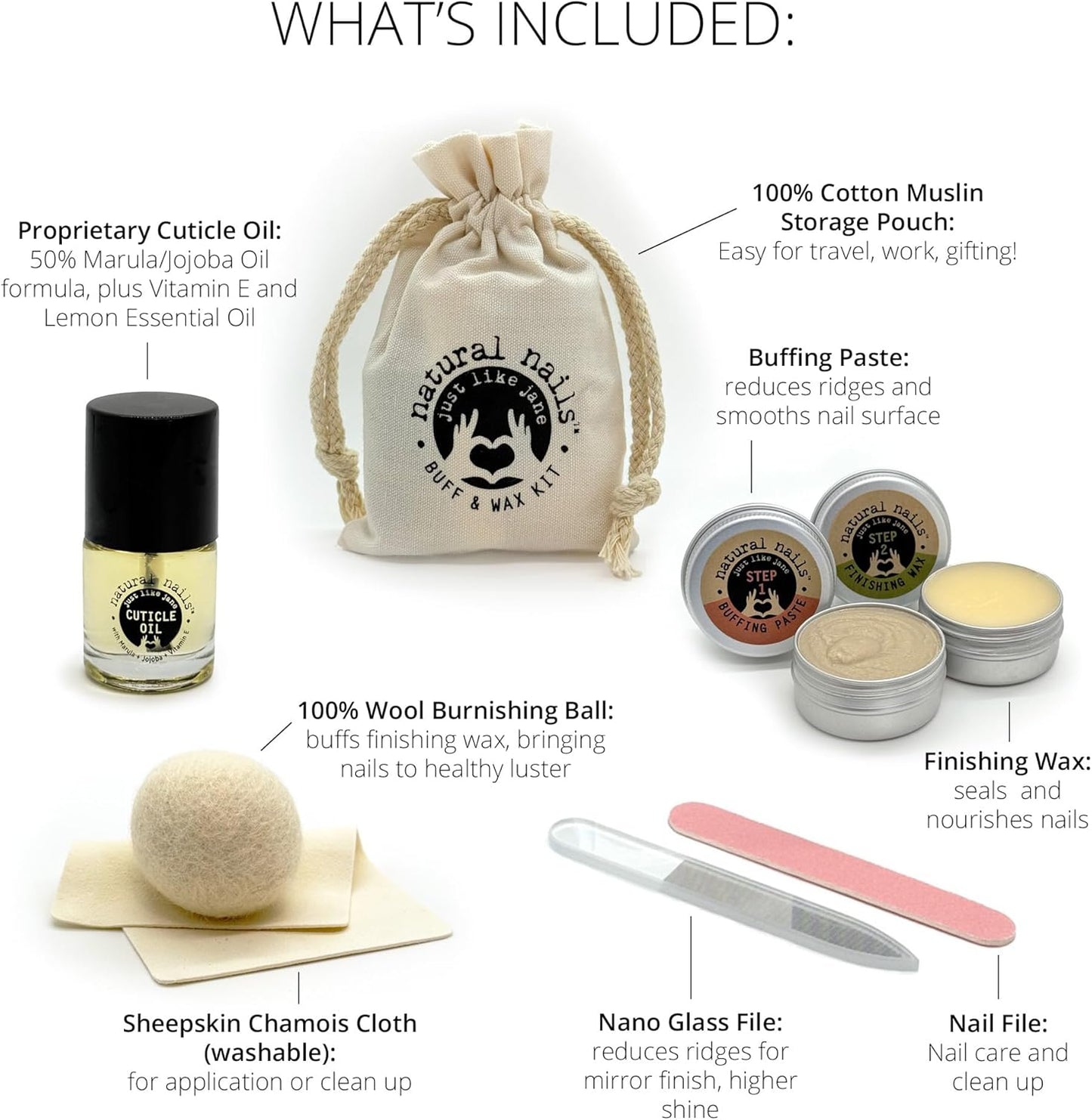 Just Like Jane™ Natural Nails Buff & Wax Kit - New Nano Glass File for Higher Shine!