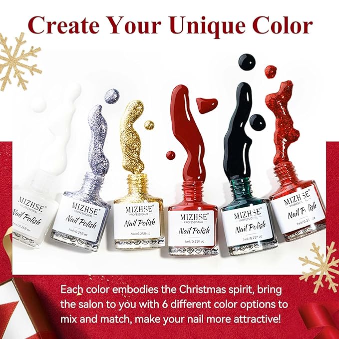 MIZHSE Quick Dry Nail Polish Set with Sticker, 6 Colors Red Green White Gold Sliver Sparkle Polish, Fast Drying Nail Polish Set Winter Manicure Christmas Gift for Women