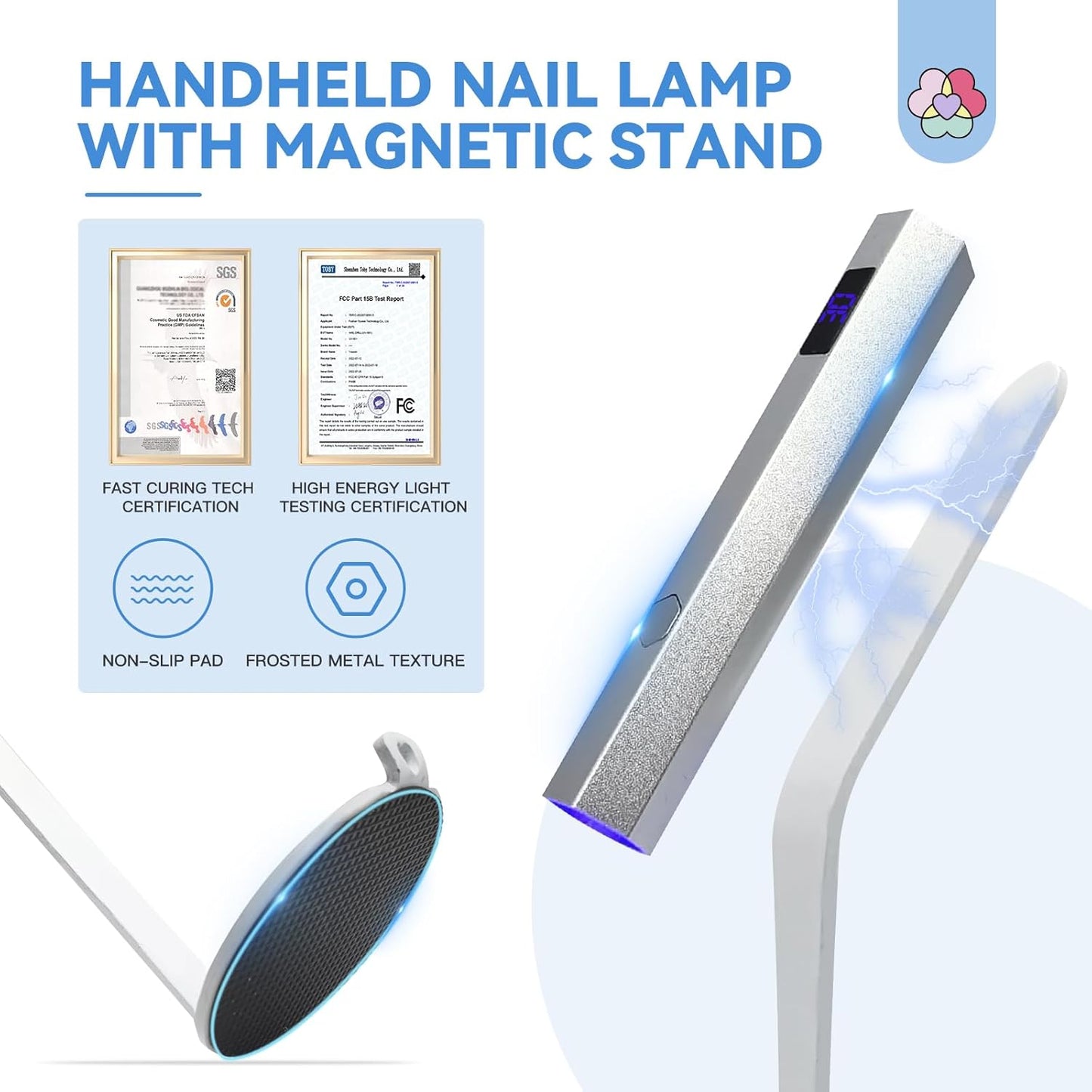 SAVILAND Handheld Magnetic U V Light for Nails: Silver 2-in-1 Magnetic Nail Stand & Nail Stamper Cordless Nail Dryer Handheld LCD Display Screen Curing Lamp Portable Mini LED Gel Lamp Manicure Gift