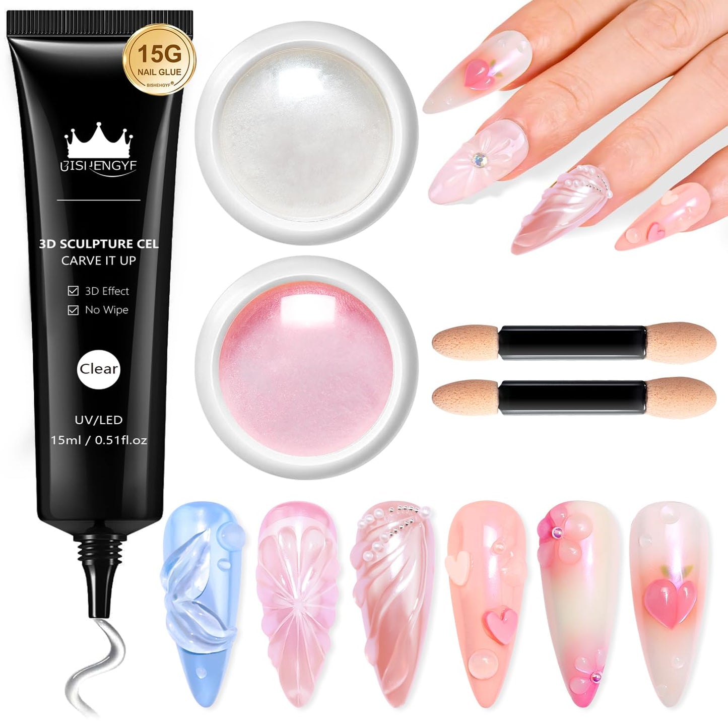 Chrome Nail Powder and 3D Nail Gel Kit BISHENGYF: 15g No Wipe 3D Sculpting Gel Aurora Mermaild Pink White Pearl Chrome Nail Powder with Clear 3D Carving Nail Molding Glue Set for Nail Art Decoration