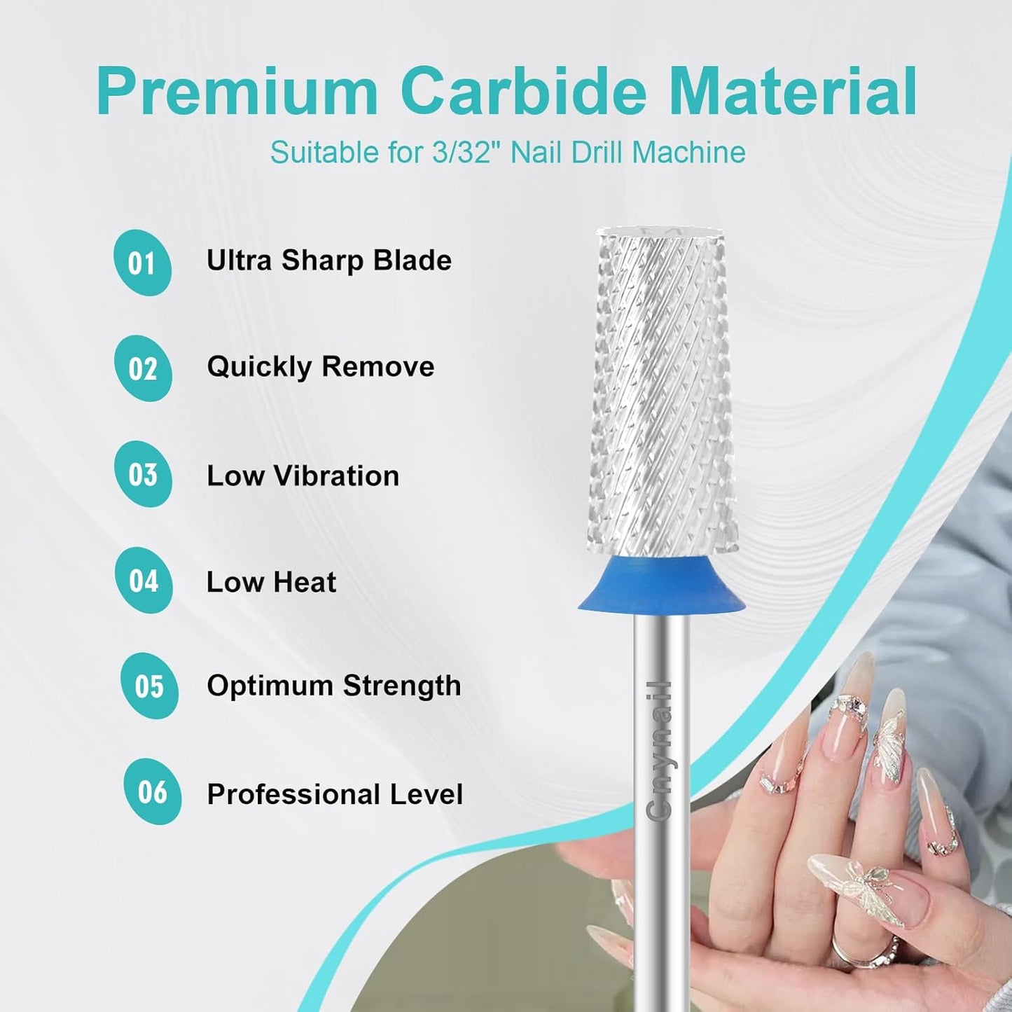 3/32" Large Tapered Barrel Flat Bit Tungsten Carbide Nail Drill Bit Safety Bit for Gel & Acrylic Removal, 2- Way Rotating Efile Tip, Salon Electric File Accessory (M Girt, Silver)